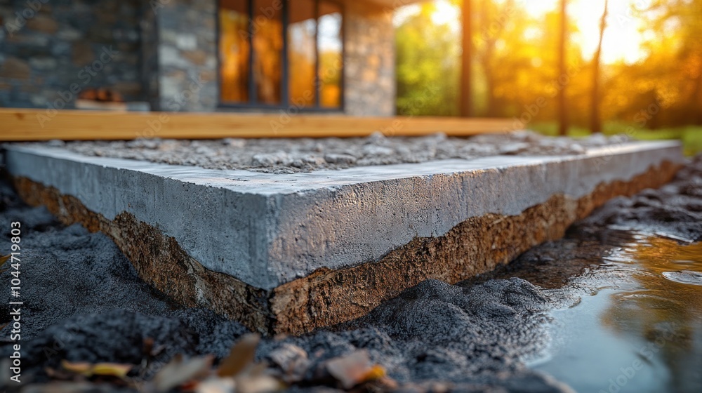 Naklejka premium Concrete foundation with natural surroundings at sunset.