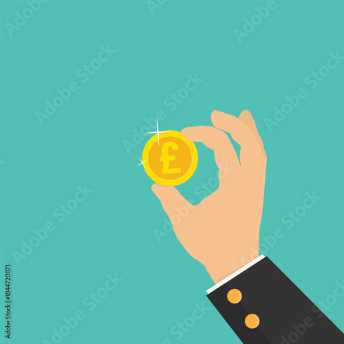 Hand in a suit holding a gold Pound coin. Concept of money, finance or wealth. Vector illustration in flat style