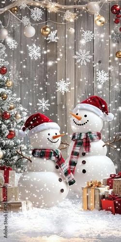 Two cheerful snowmen, adorned with red Santa hats and scarves, stand amidst falling snowflakes beside a Christmas tree and assorted wrapped gifts.