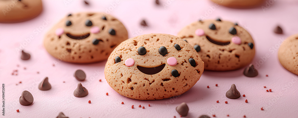 3D cookies with happy faces and chocolate chips on a pastel background, adorable scene 3D cookies with happy faces and chocolate chips on a pastel background, adorable scene