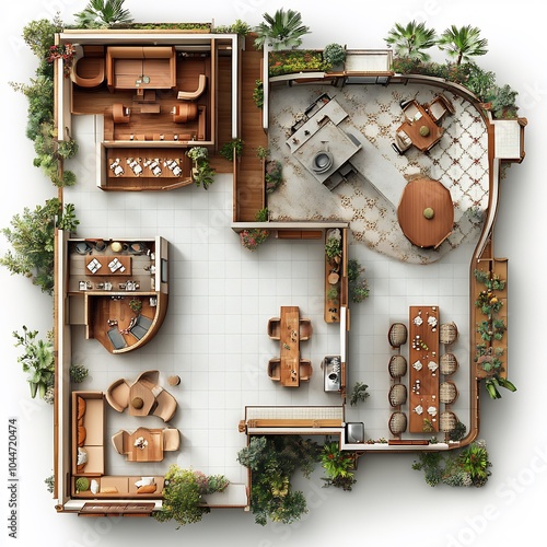 3d top view of ethnic restaurant with distinct zones for multiple cuisines central kitchen and a decorative entrance floor plan displayed on a bright white background highlighting the design