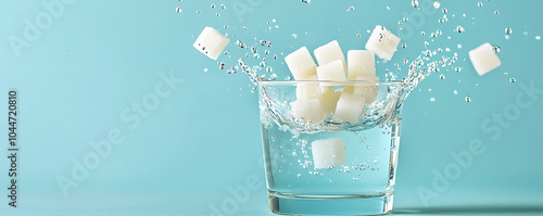 Close-up shot of white sugar cubes splashing into a glass of water, captured mid-air as they dissolve into the clear liquid with droplets flying photo