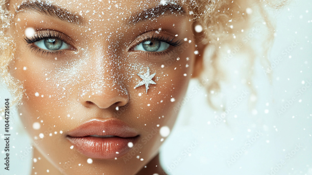 Beautiful young black woman with snowflakes and stars on her face. Beauty parlor winter / christmas banner concept. Beautiful young black woman with snowflakes and stars on her face. Beauty parlor winter / christmas banner concept.
