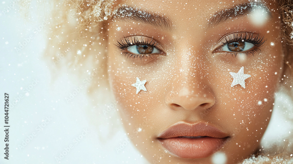 Beautiful young black woman with snowflakes and stars on her face. Beauty parlor winter / christmas banner concept. Beautiful young black woman with snowflakes and stars on her face. Beauty parlor winter / christmas banner concept.