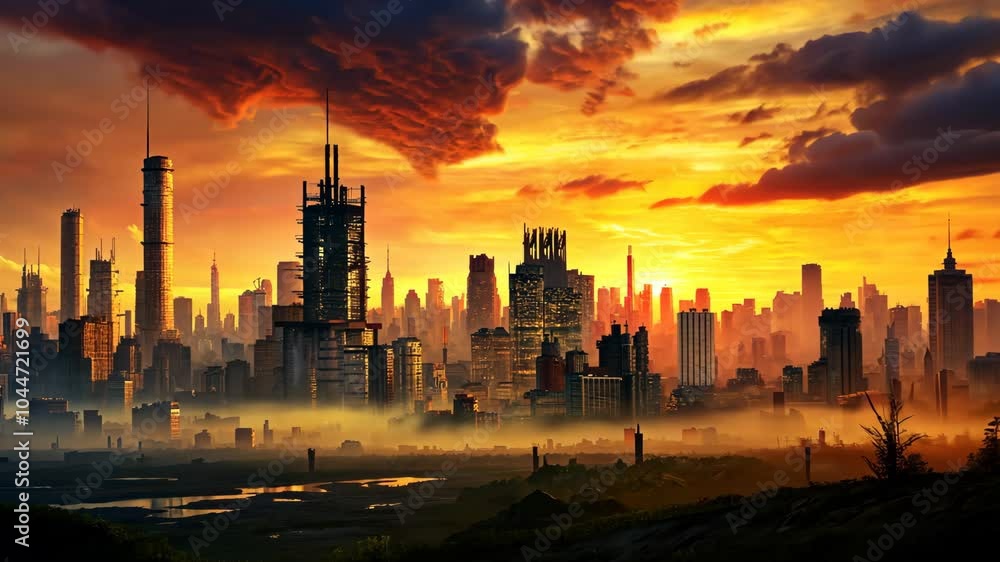 Vibrant sunset over a city skyline with silhouettes Vibrant sunset over a city skyline with silhouettes