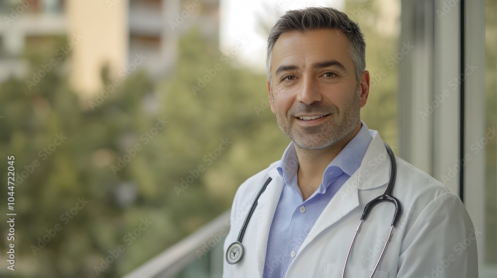 Confident male doctor smiling warmly in a medical coat with a stethoscope. Confident male doctor smiling warmly in a medical coat with a stethoscope.
