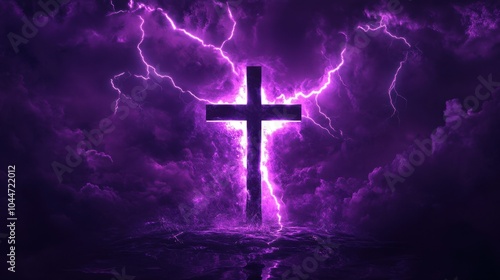 Purple lightning surges around a glowing cross, symbolizing profound faith and spiritual strength amidst the darkness.