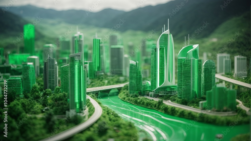 Concept of a green city with sustainable urban development, eco-friendly buildings, and renewable energy Concept of a green city with sustainable urban development, eco-friendly buildings, and renewable energy