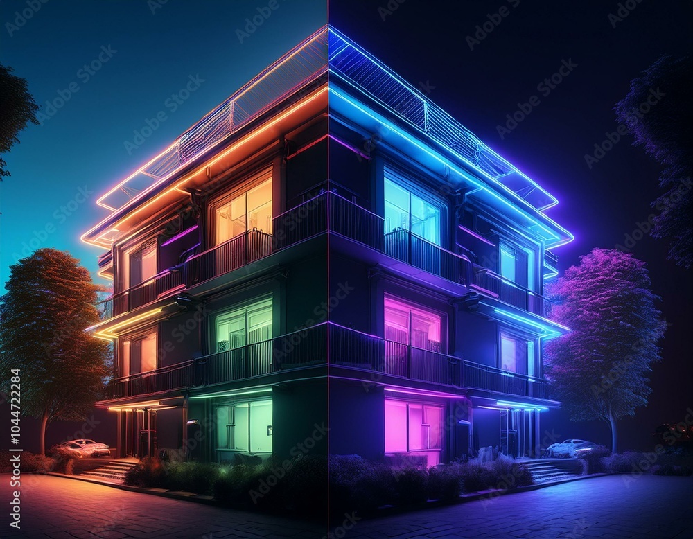 View of night city street, House renovation, exterior construction ...