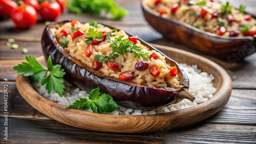 Silhouette of oriental stuffed eggplant dish made with rice photo