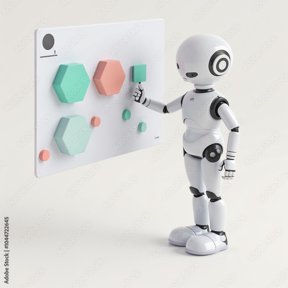 The 3d robot with laptop undergoes machine learning and push a button on a touch screen The 3d robot with laptop undergoes machine learning and push a button on a touch screen