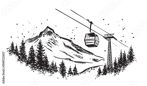 Ski lift in the mountains, hand drawn.	
