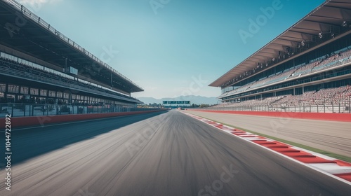 A dramatic, empty racing track under a clear sky, with spectator seats lining the sides. The stillness contrasts with the vibrant anticipation in the air, as if waiting for the action to begin.