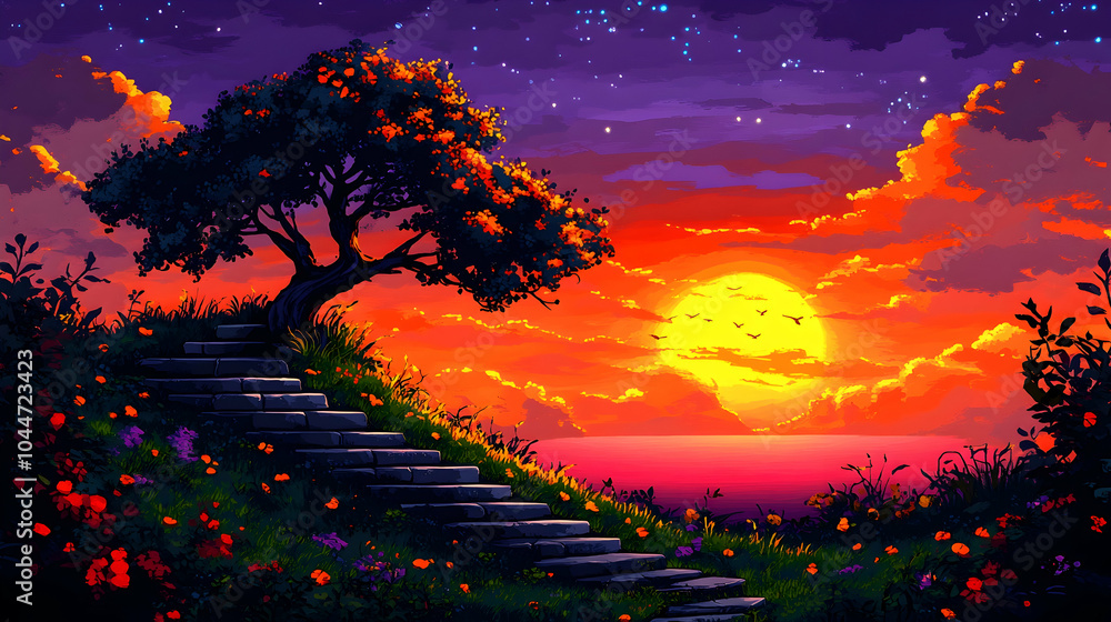 A lone tree stands on a hill overlooking a sunset with stone steps leading up to it. A lone tree stands on a hill overlooking a sunset with stone steps leading up to it.
