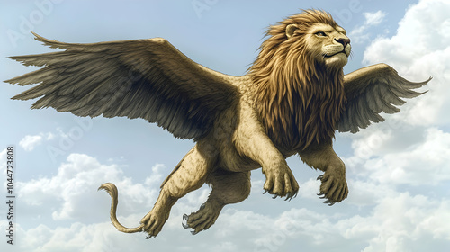 A majestic winged lion soars through the sky with its wings spread wide.