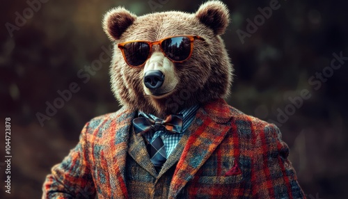 A stylish bear dressed in a colorful suit with sunglasses, radiating cool vibes.
