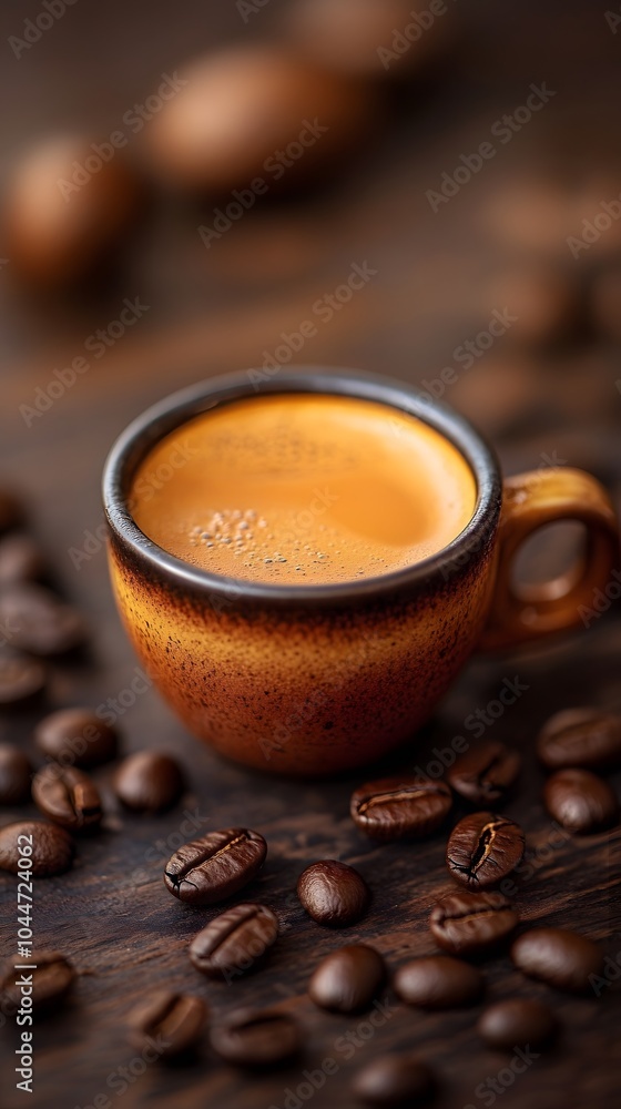 A warm cup of coffee surrounded by fresh coffee beans. A warm cup of coffee surrounded by fresh coffee beans.