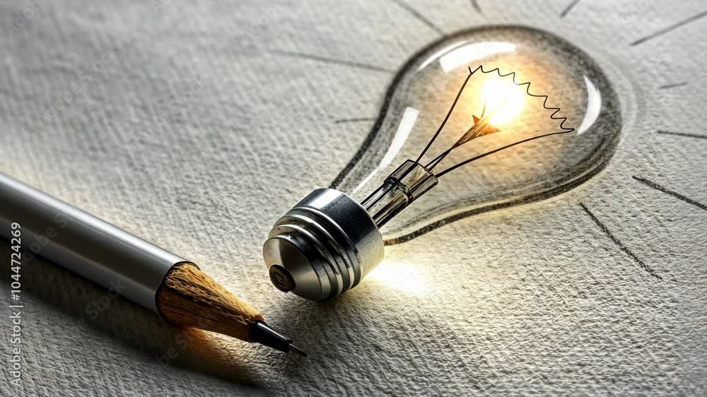 Creative drawing of a light bulb with a pen on textured paper