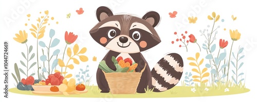 Adorable raccoon with bouquet and food in a basket, flat design photo