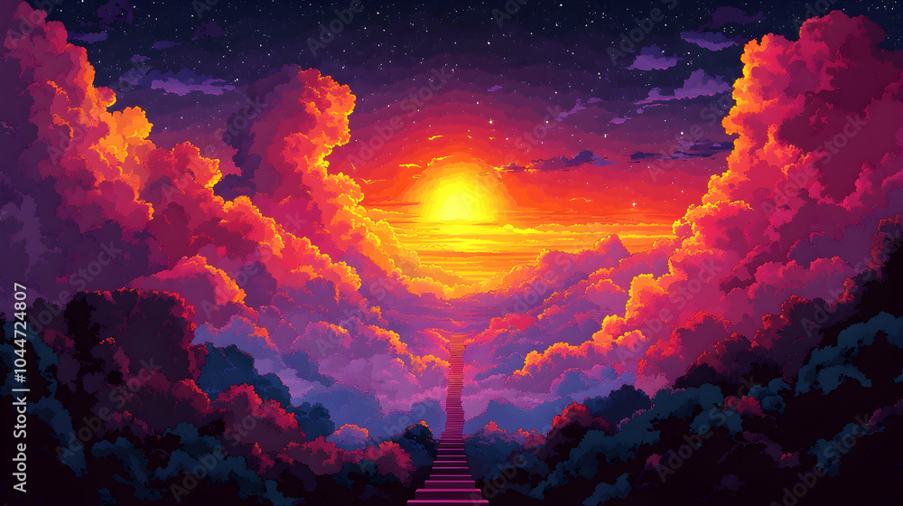 Fototapeta premium A pixelated sunset with a staircase leading to the sky.