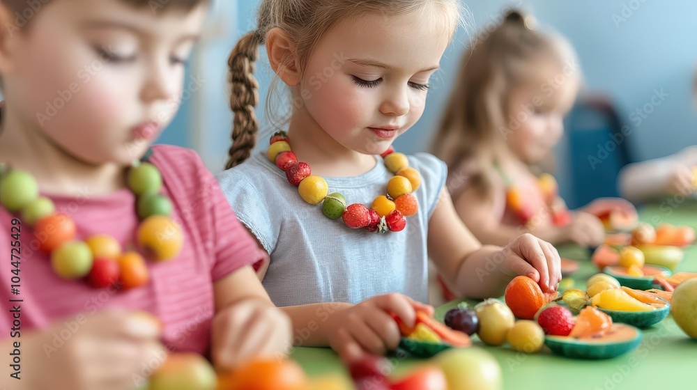 Young children engaged in creative play with colorful fruit, exploring textures and building fine motor skills with joy. Young children engaged in creative play with colorful fruit, exploring textures and building fine motor skills with joy.