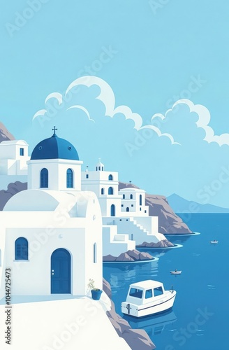 classic view of Mykonos, iconic whitewashed buildings with blue-domed roofs, characteristic of Greek islands, azure water of Aegean Sea, blue sky in background, elegance of Mediterranean architecture