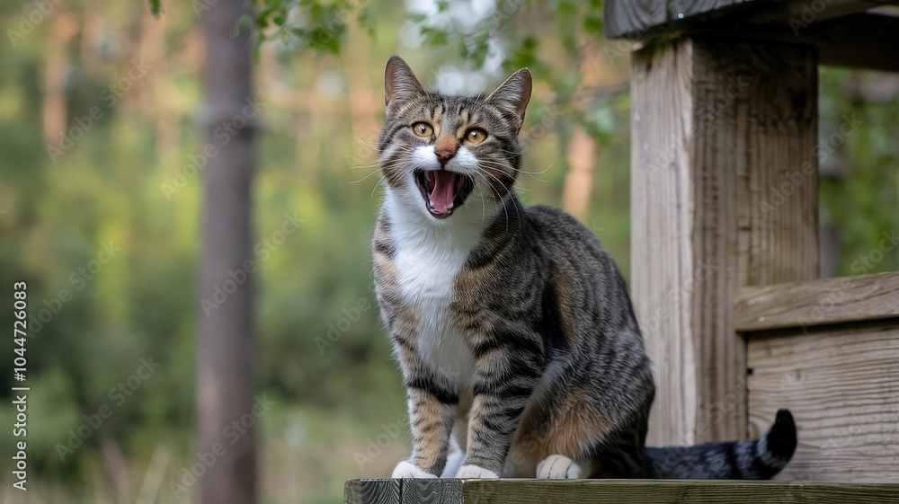 A playful tabby cat expresses its joy in a natural setting capturing the quintessence of feline happiness amidst lush backgrounds and rustic charm A playful tabby cat expresses its joy in a natural setting capturing the quintessence of feline happiness amidst lush backgrounds and rustic charm