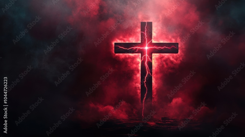 The cross radiates with red lightning, standing as a symbol of fiery faith and divine conviction against a dark background. The cross radiates with red lightning, standing as a symbol of fiery faith and divine conviction against a dark background.