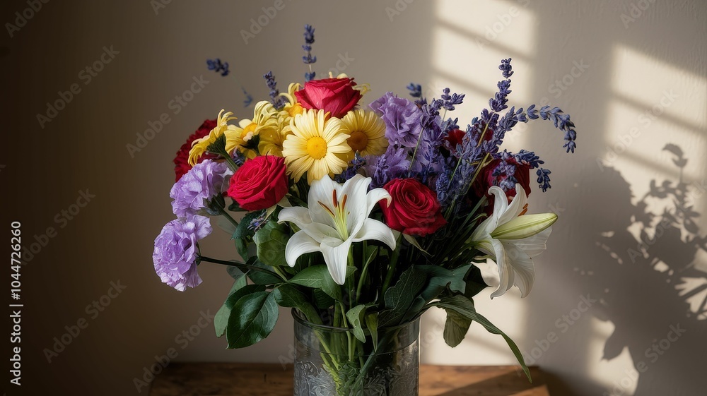 Fototapeta premium Beautiful floral arrangement featuring colorful roses lilies and lavender perfect for home decoration and special occasions with natural light play