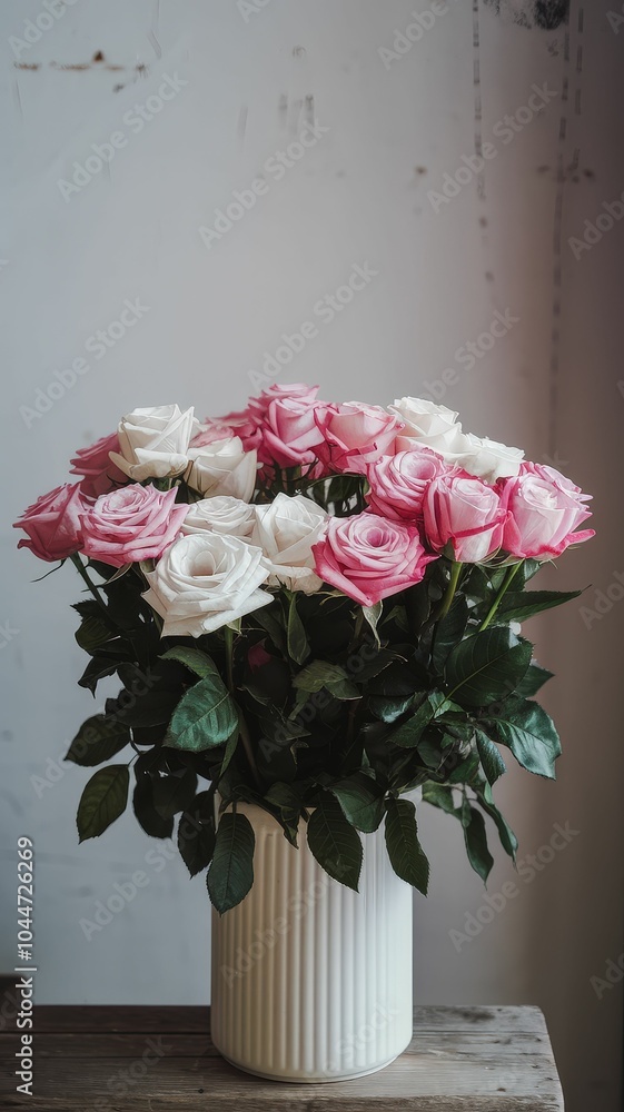 Obraz premium Elegant bouquet of pink and white roses in a stylish vase perfect for celebrations and home decor with a touch of nature's beauty
