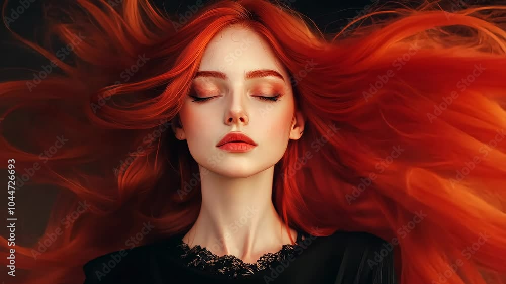 A serene portrait of a woman with flowing red hair A serene portrait of a woman with flowing red hair