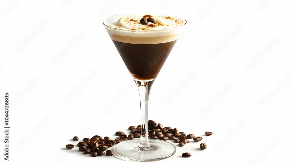 An ultra-realistic photograph of a dark coffee martini, with two layers of creamy espresso and cold cream on top, decorated with scattered coffee beans, placed in its tall glassware against a white ba An ultra-realistic photograph of a dark coffee martini, with two layers of creamy espresso and cold cream on top, decorated with scattered coffee beans, placed in its tall glassware against a white ba