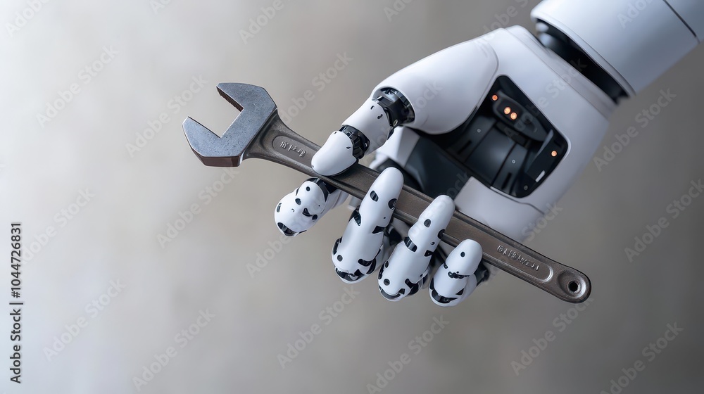 A robotic hand holding a wrench, symbolizing innovation and technology in engineering and automation. A robotic hand holding a wrench, symbolizing innovation and technology in engineering and automation.