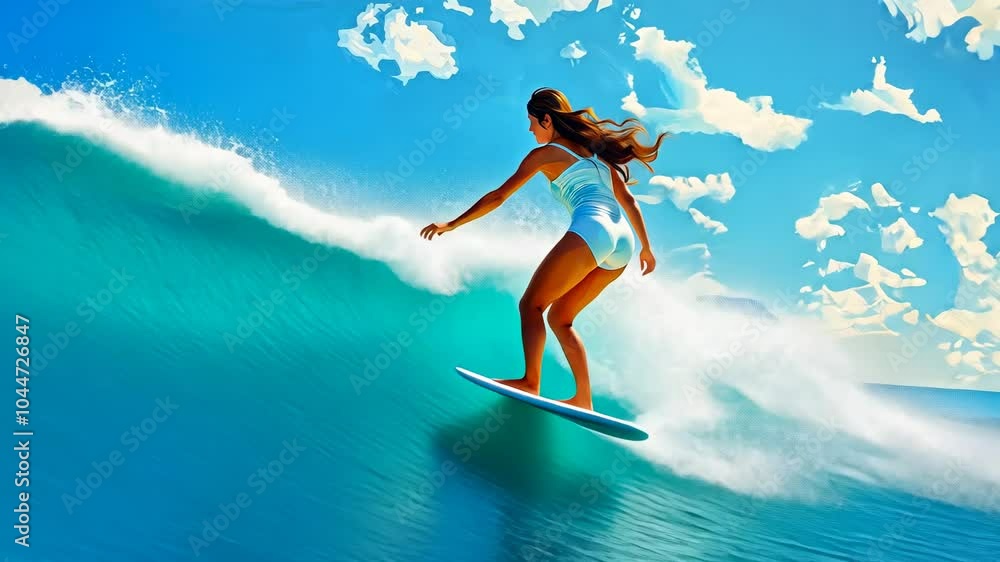A woman surfing on a vibrant blue ocean wave under a beautiful sky. A woman surfing on a vibrant blue ocean wave under a beautiful sky.
