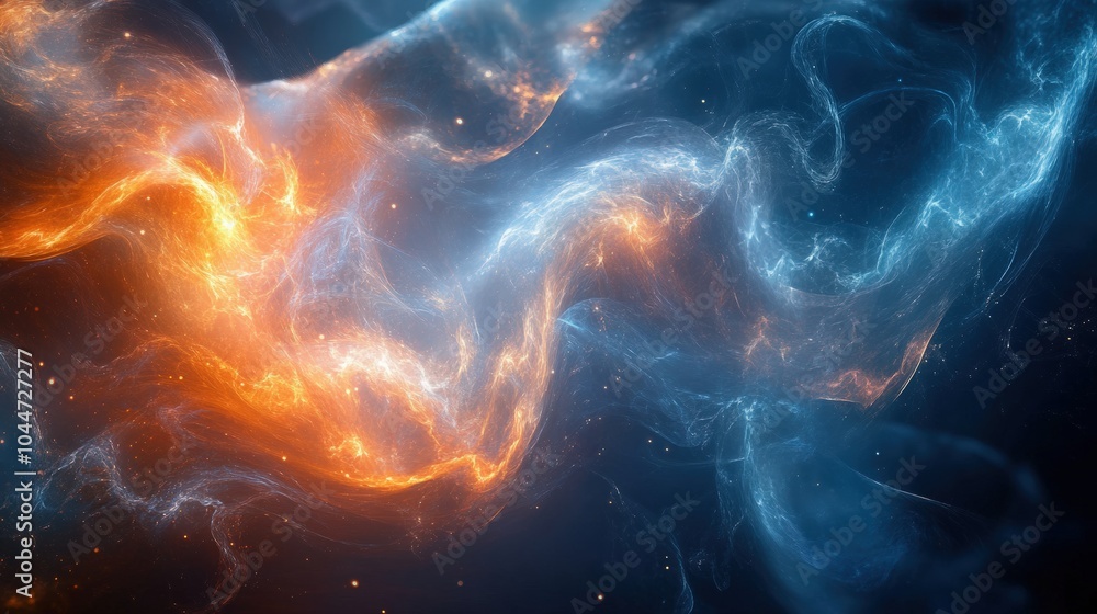 Dynamic dance of blue and orange cosmic clouds in deep space Dynamic dance of blue and orange cosmic clouds in deep space