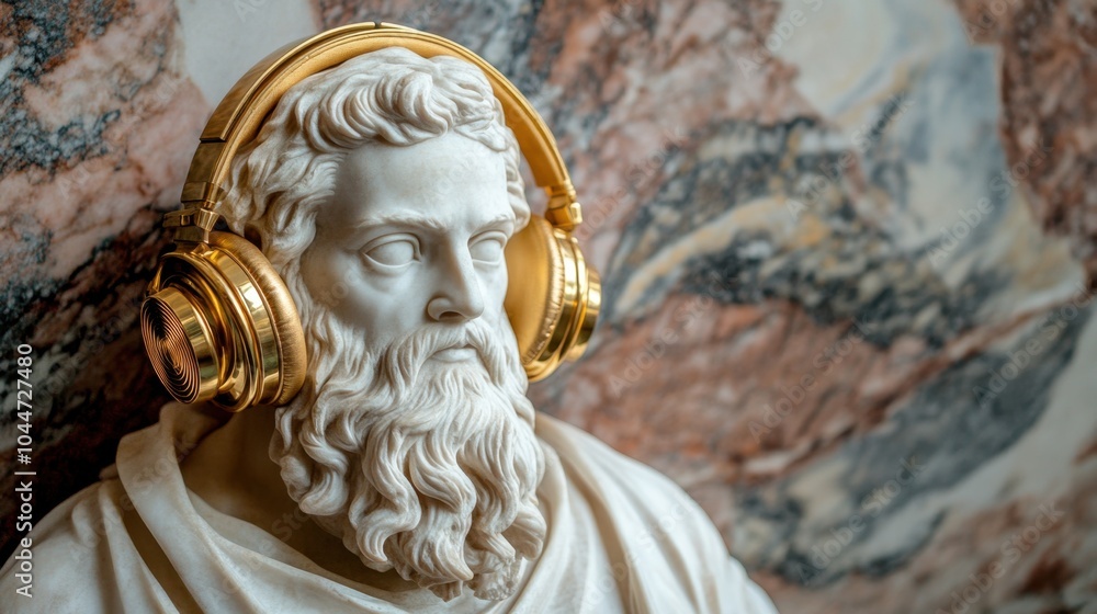 Obraz premium The juxtaposition of a bearded classical figure and gold headphones, highlighting the stylish contrast of old-world art and modern technology.