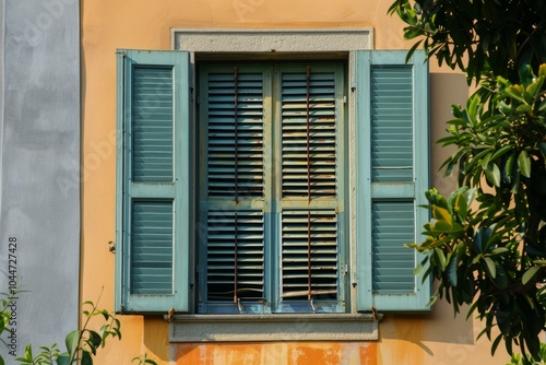 Turquoise window with shutters half open on a yellow wall is letting the sunlight through