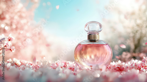 Elegant perfume bottle amidst blossoming flowers for romantic valentine day inspiration. Horizontal banner. Copy space