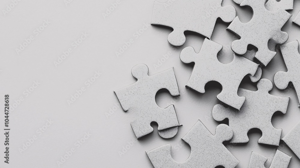 Obraz premium Minimalist Composition of Puzzle Pieces Being Assembled by Invisible Hands Symbolizing Teamwork and Strategy