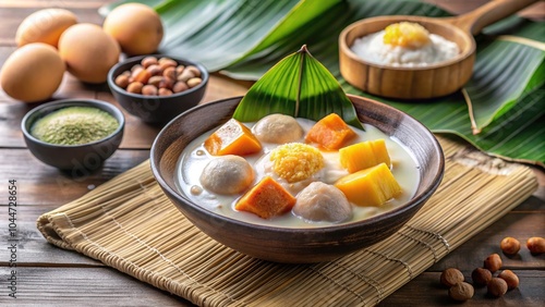 Traditional Filipino dessert mixture of coconut milk with banana, taro, pumpkin, rice balls, and sago