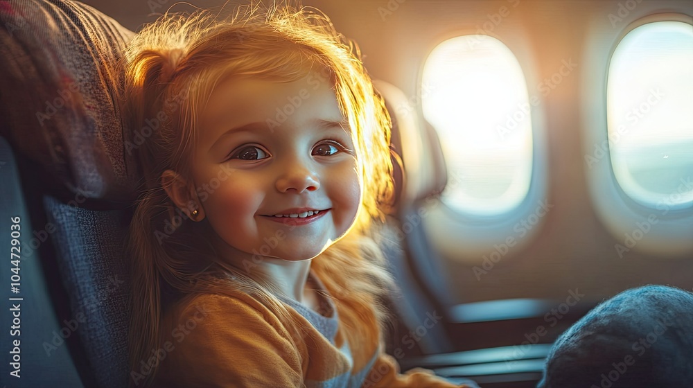 Smiling little girl on airplane. Perfect for travel, family, and childhood themes. Smiling little girl on airplane. Perfect for travel, family, and childhood themes.