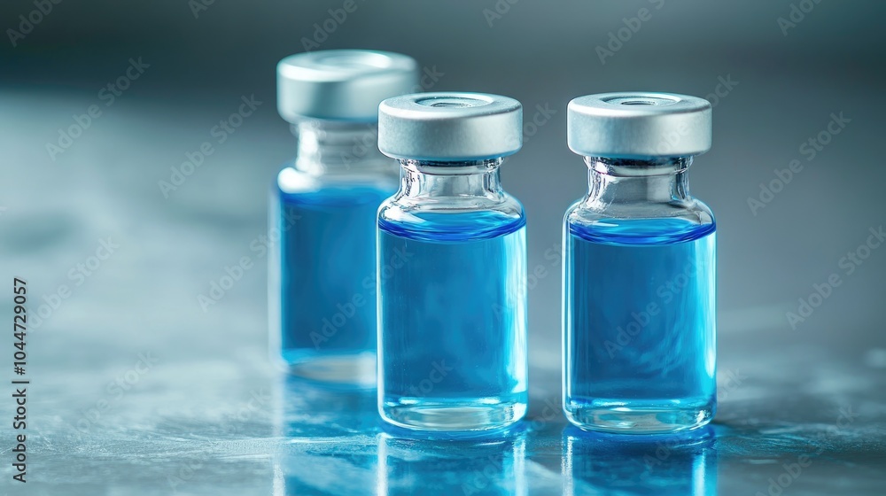 Three small vials containing blue liquid are placed on a surface Three small vials containing blue liquid are placed on a surface