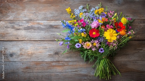 Vibrant wildflower bouquet arranged on wooden table with area available for text