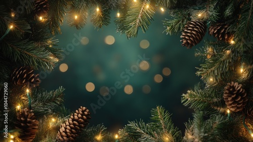 Wallpaper Mural Festive backdrop featuring fir branches pine cones and string lights Torontodigital.ca