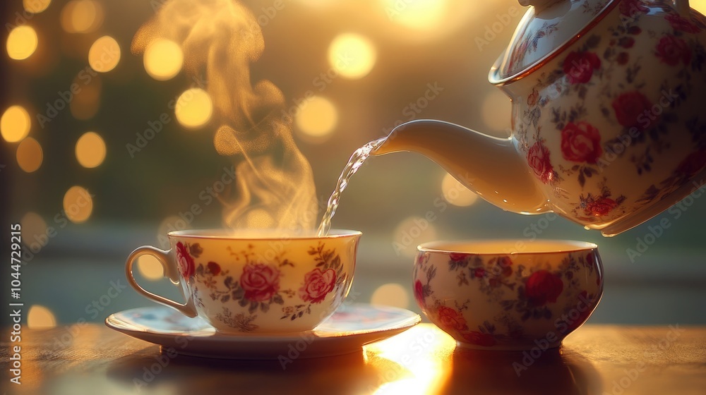 A charming floral teapot pours steaming tea into a coordinating teacup set against a warm bokeh backdrop for a cozy atmosphere A charming floral teapot pours steaming tea into a coordinating teacup set against a warm bokeh backdrop for a cozy atmosphere