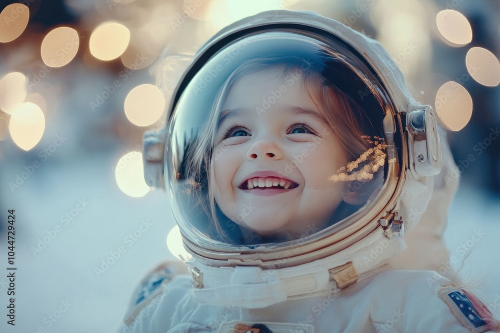 Joyful Child in Astronaut Suit with Bokeh Background Joyful Child in Astronaut Suit with Bokeh Background