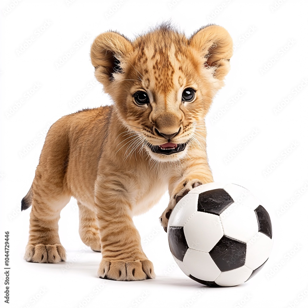 Obraz premium Baby Lion Plays Soccer on a Sunny Field