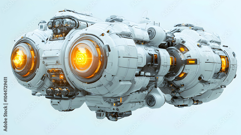 Futuristic spaceship with glowing orange engines. Futuristic spaceship with glowing orange engines.