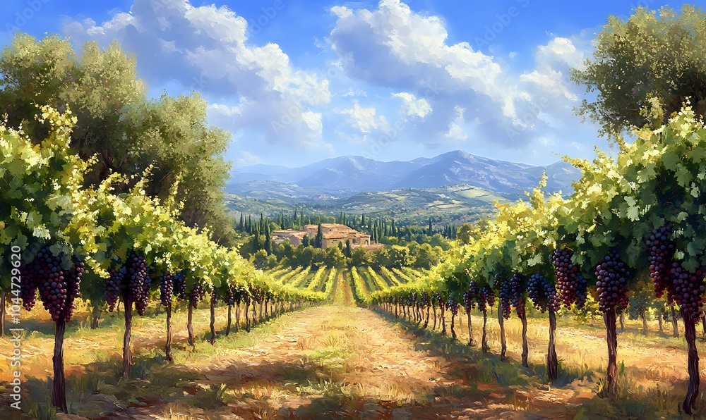 Naklejka premium Vineyard Landscape with Lush Vines, Purple Grapes, and a Distant Farmhouse in the Italian Countryside