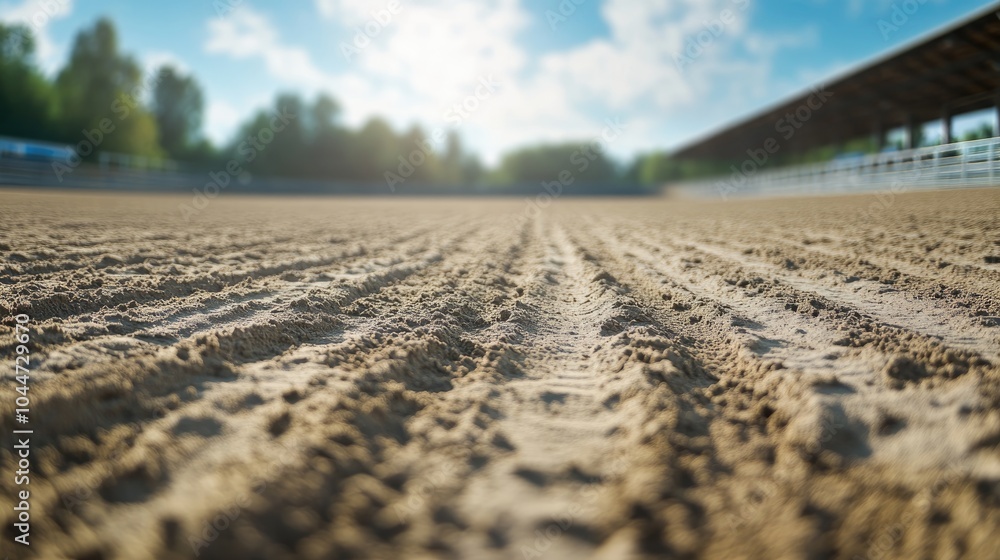 Equestrian sports arena during the day with a low angle view of an empty dressage area showcasing sand and a blurred background Equestrian sports arena during the day with a low angle view of an empty dressage area showcasing sand and a blurred background